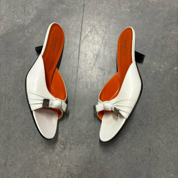 Vintage Y2K Gucci Open Toe Bow Tie Ruched Slip-on Mule Kitten Heels - Picture 2 of 7
